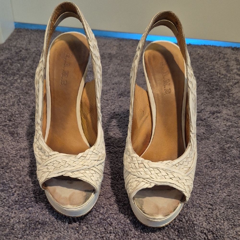 L.A.M.B. Elegant White Woven Slingback Stiletto Heels
